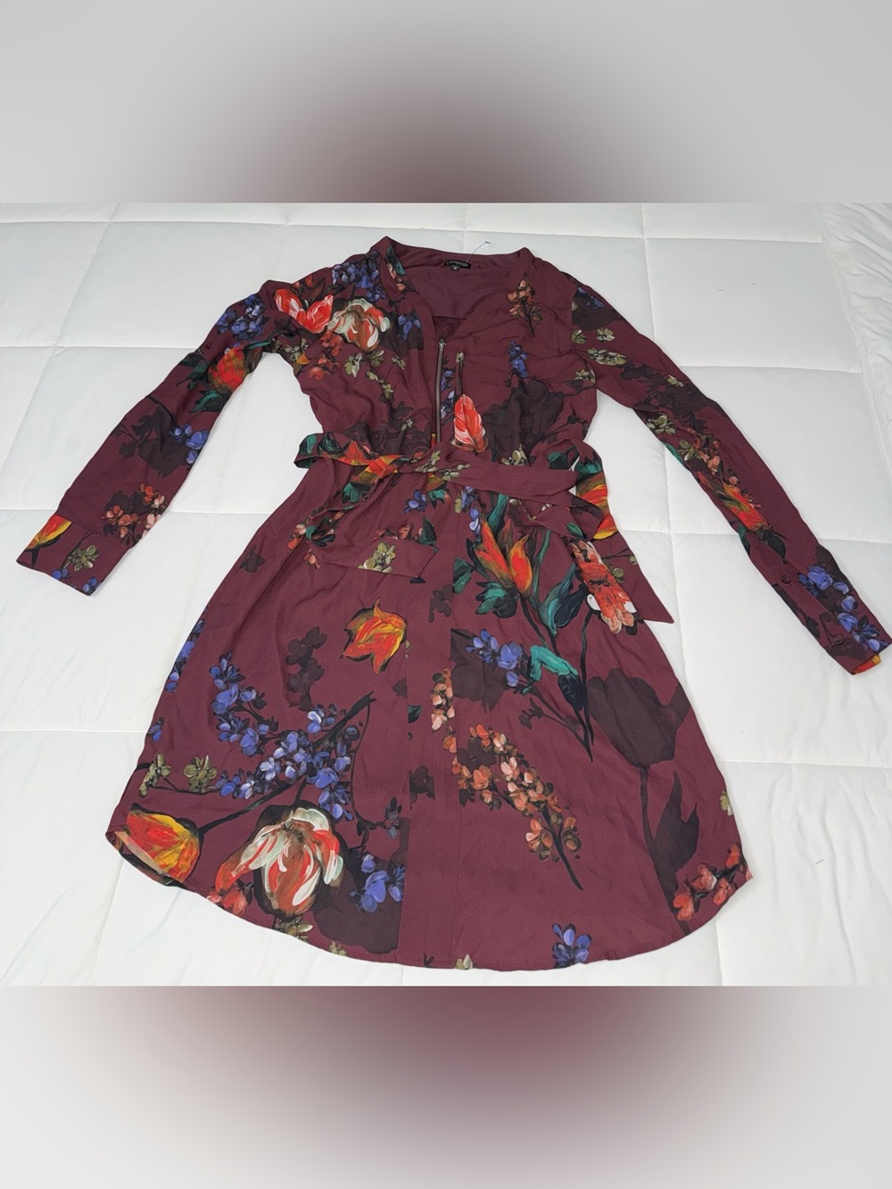 Express Burgundy Floral Long Sleeve Wrap Dress